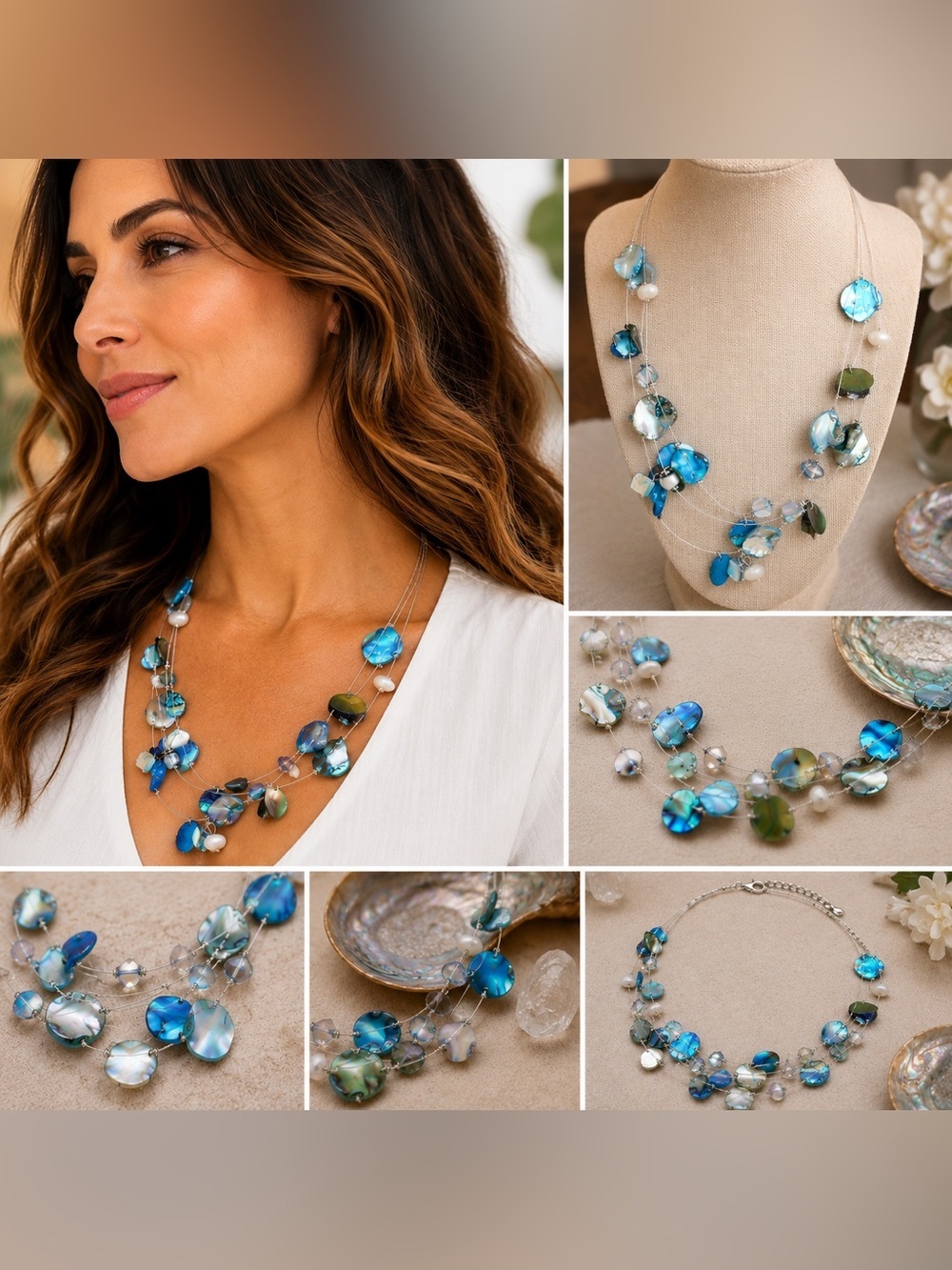 Blue Abalone Shell Necklace | Multi Strand Statement Beach Jewelry